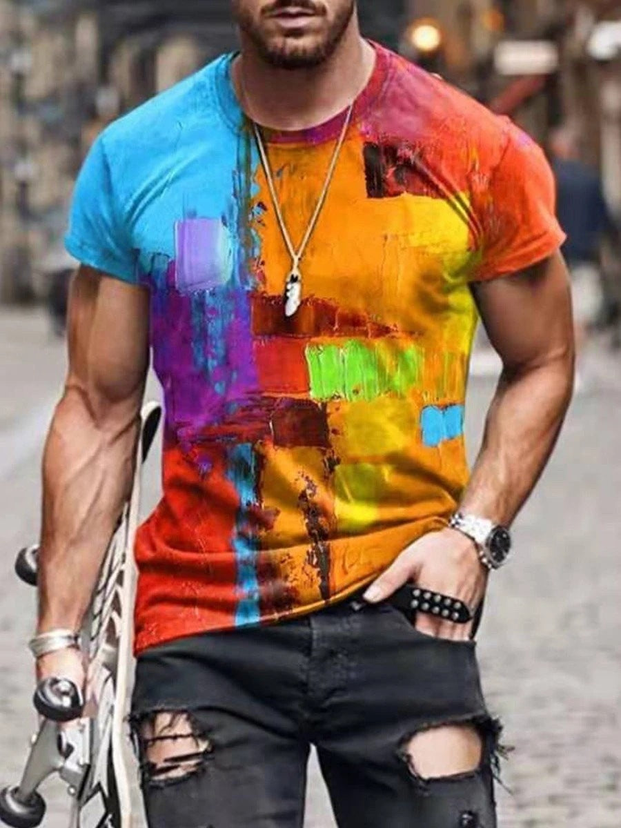 Men's Clothing Abstract Painting Digital Printing Short-Sleeved Street Casual Trendy T-shirt