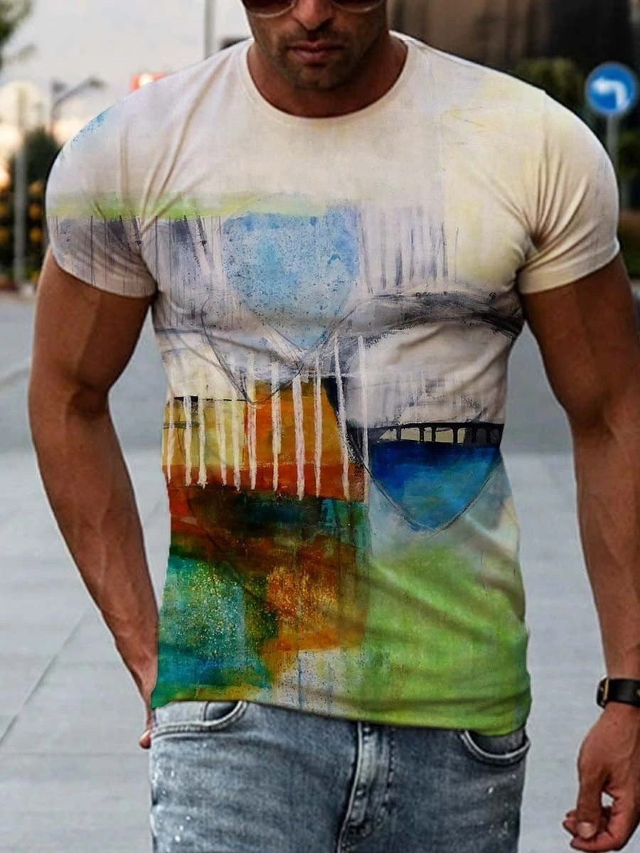 Men's Clothing Abstract Painting Digital Printing Short-Sleeved Street Casual Trendy T-shirt