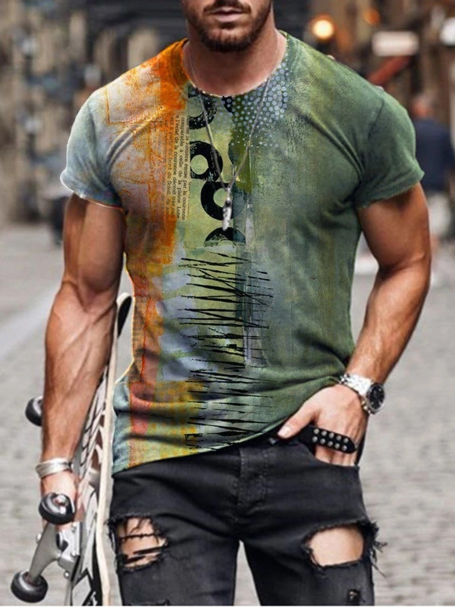 Men's Clothing Abstract Painting Digital Printing Short-Sleeved Street Casual Trendy T-shirt