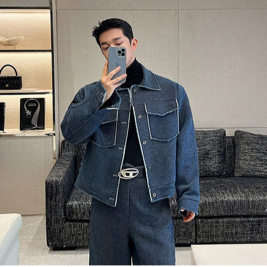 Men's Clothing Design Korean Style High Sense Denim Coat Ins Trendy Raw Edge Padded Shoulder Jacket